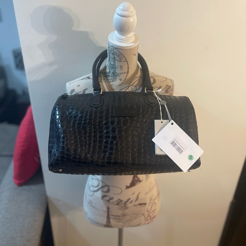 Black Croc-Embossed Satchel Handbag